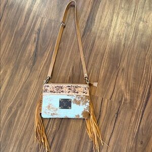 Cowhide Brown and Cream Fringe Crossbody Bag